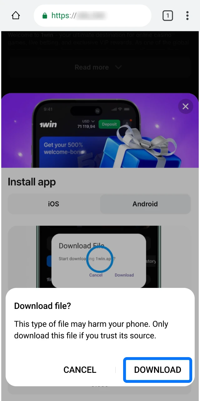 Confirm the download request in your browser to securely receive the 1win app installer.