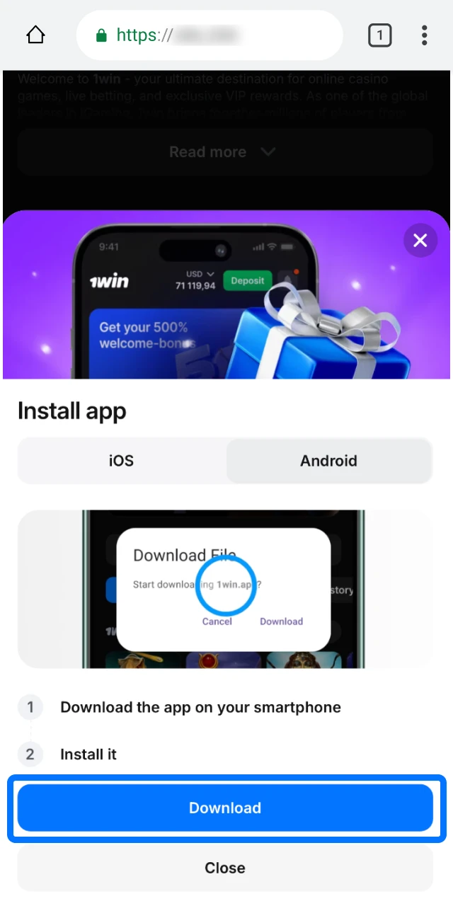 Initiate the download of the official 1win app APK file directly to your Android device.