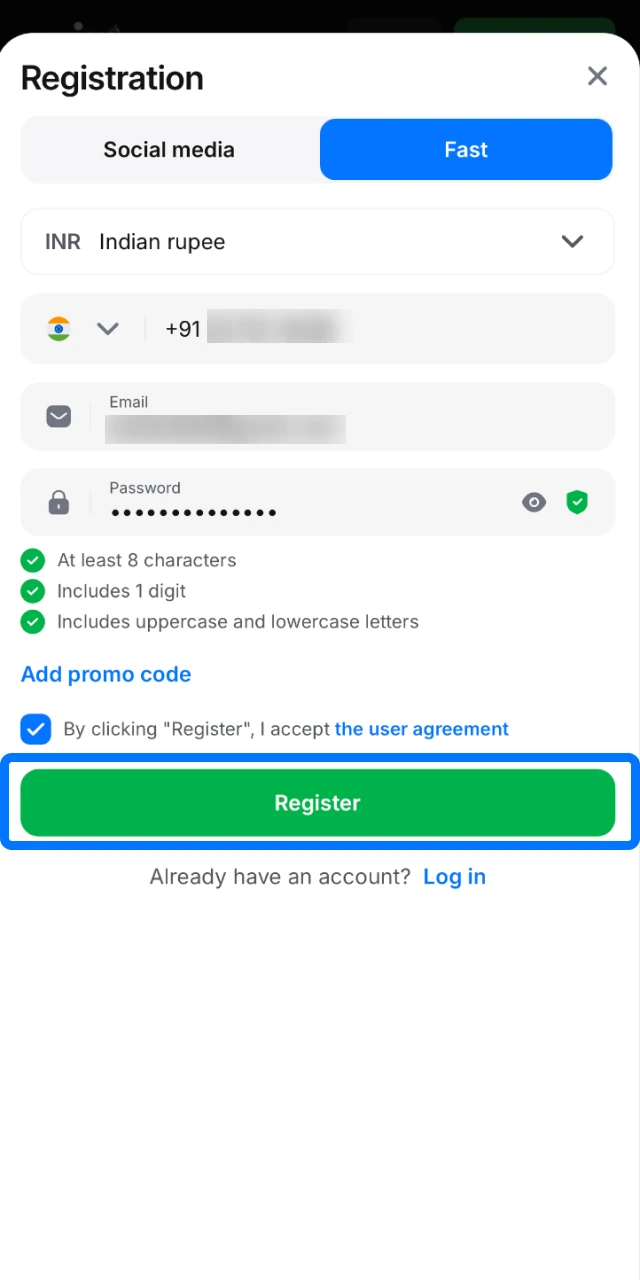 Finalize the setup by confirming your details to access your new 1win account via the app.