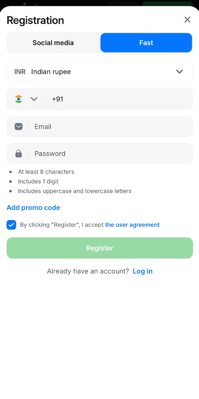 Create your new account directly through the quick registration form in the 1win app.