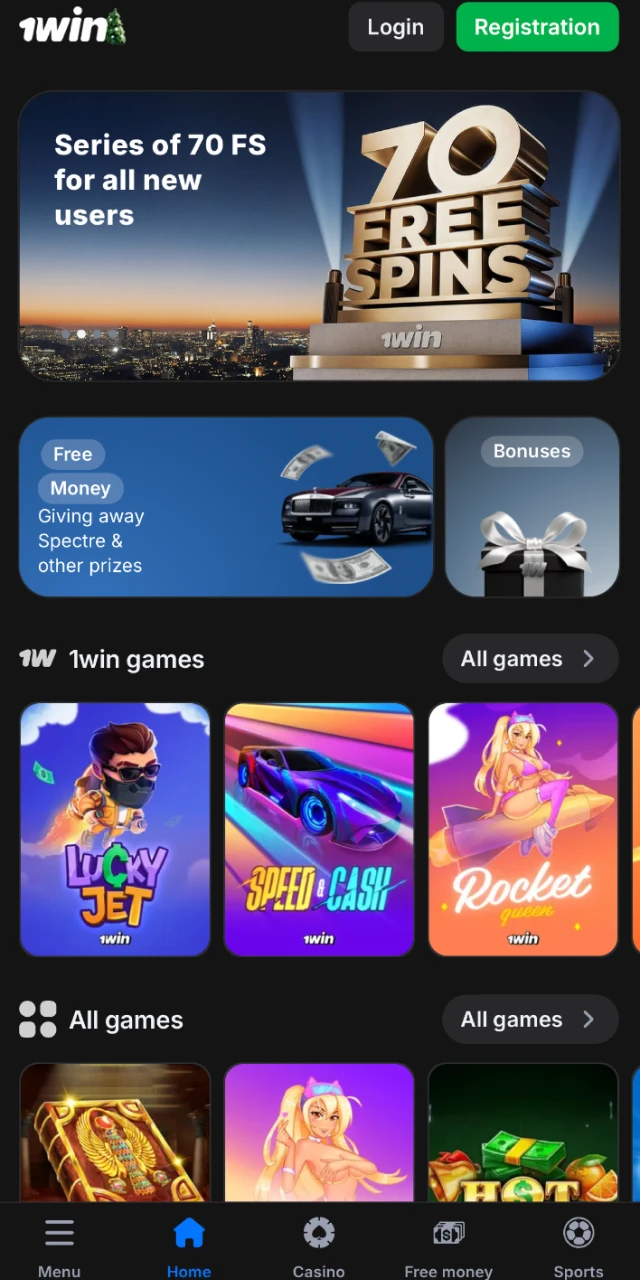 Start exploring all features from the main lobby inside the official 1win mobile app.