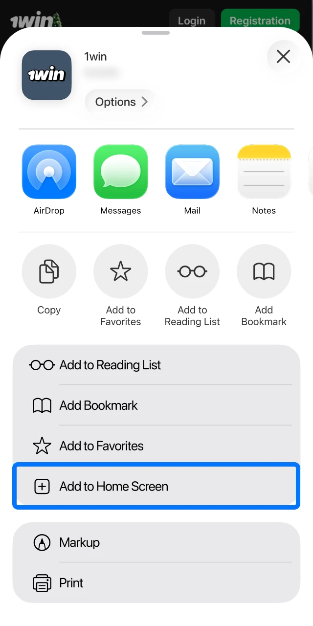 Select the option to add a shortcut for the 1win app directly to your iPhone's home screen.