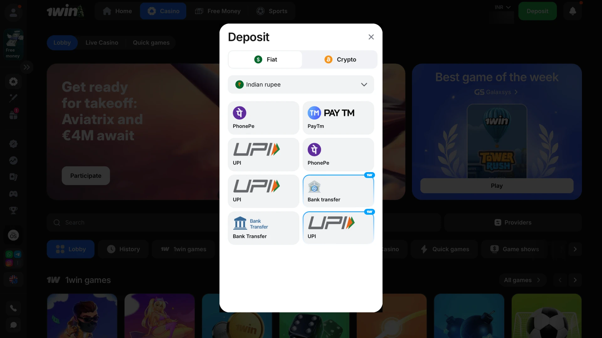 Fund your account with real money to start placing bets in the Aviator game on 1win.