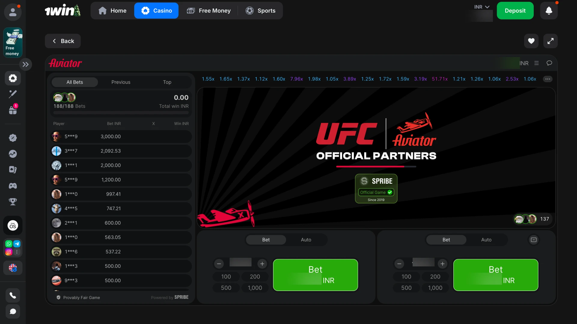 The Aviator game loading screen on the official 1win casino platform.