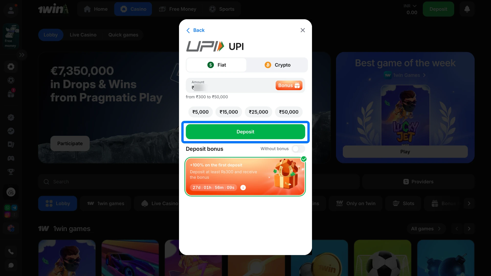 Specify the amount you wish to deposit in INR to proceed with funding your 1win account.