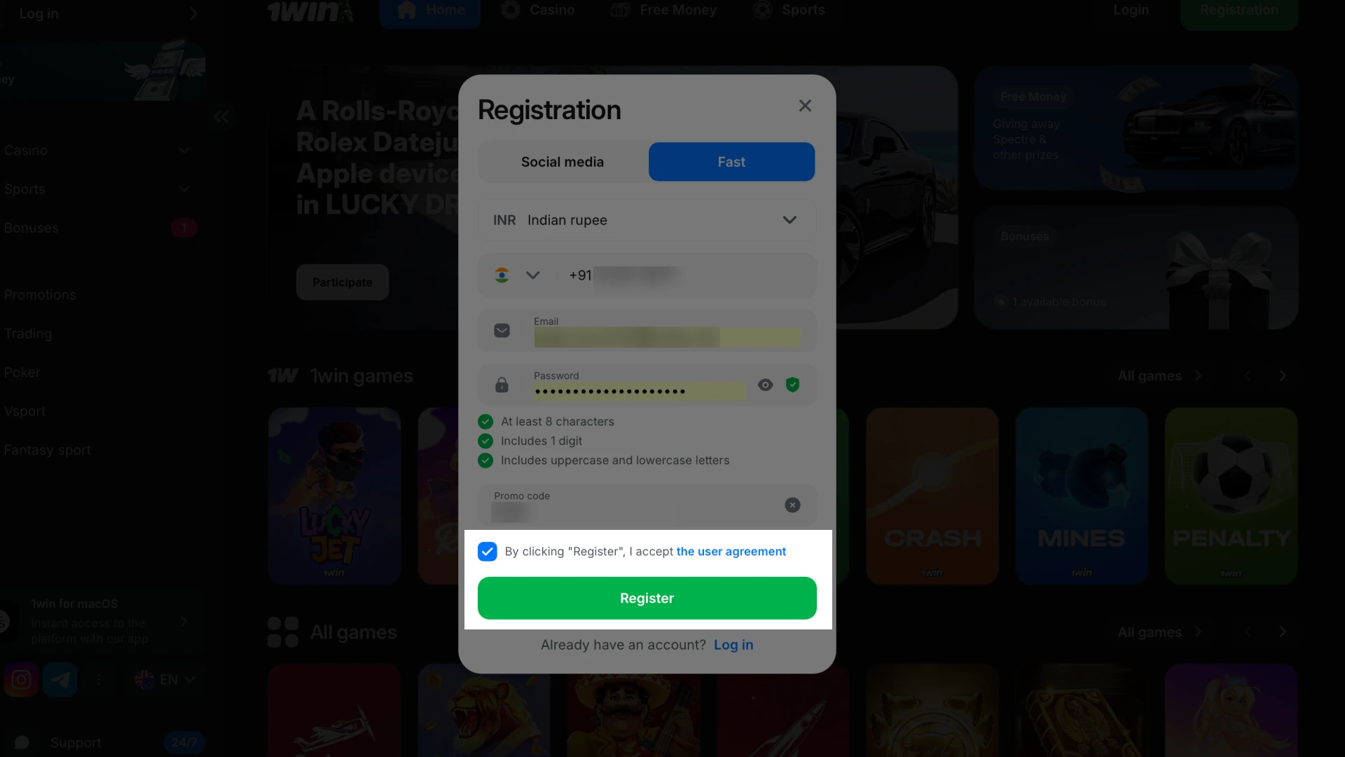 Finalize your registration by accepting the terms and submitting your 1win application.