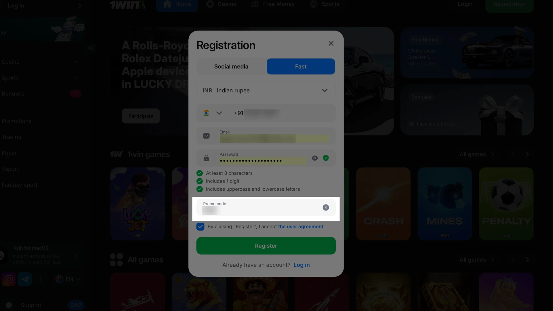 Apply an optional promotional code to unlock a bonus during your 1win sign-up.