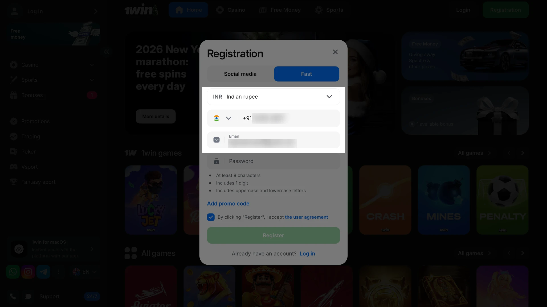 Provide your contact details in the 1win registration form to create your account.