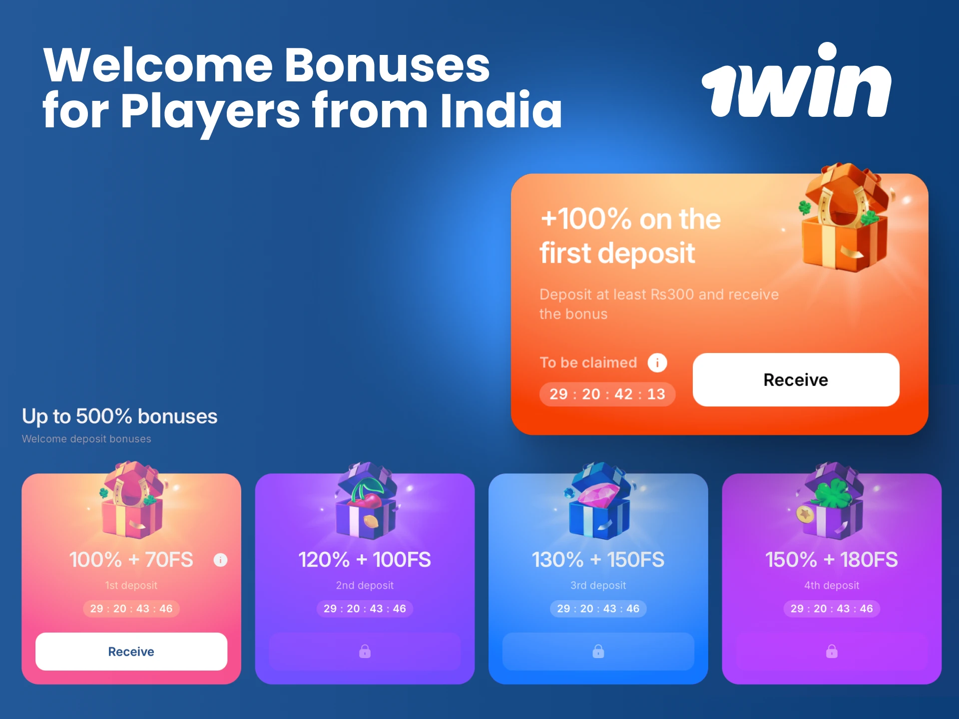 Claim a generous welcome bonus on your first deposit to start playing on 1win India.