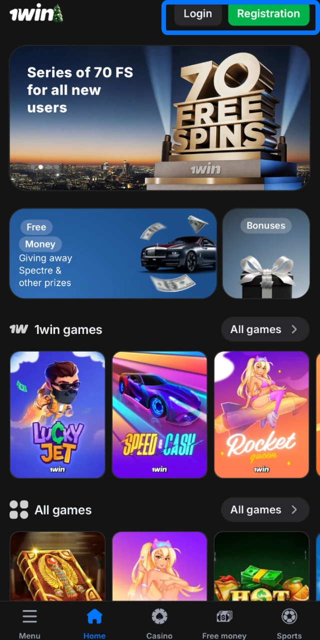 Access your account by logging in or creating a new profile within the 1win app.