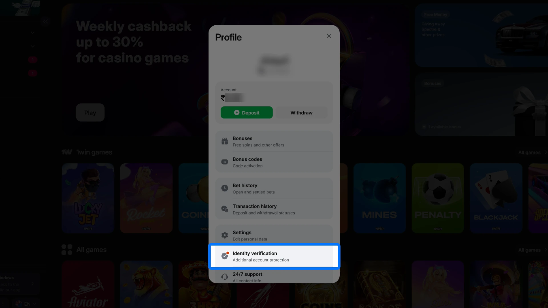 Initiate the KYC process by selecting the identity verification option on 1win.