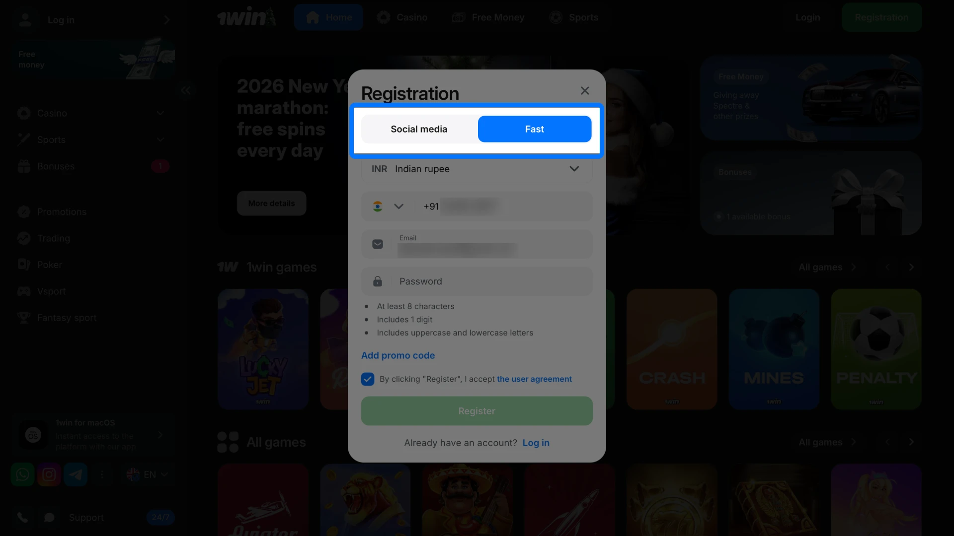 Select your preferred registration method, such as social media or phone, on the 1win platform.