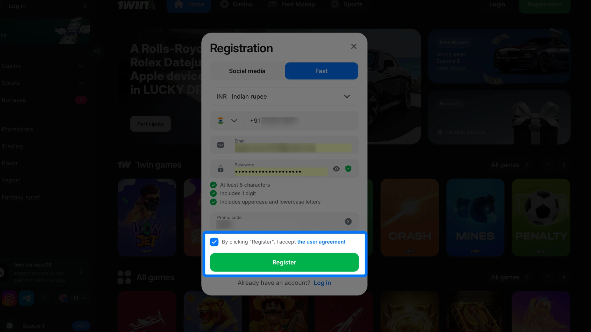Finalize the process by accepting the terms and creating your new 1win account.