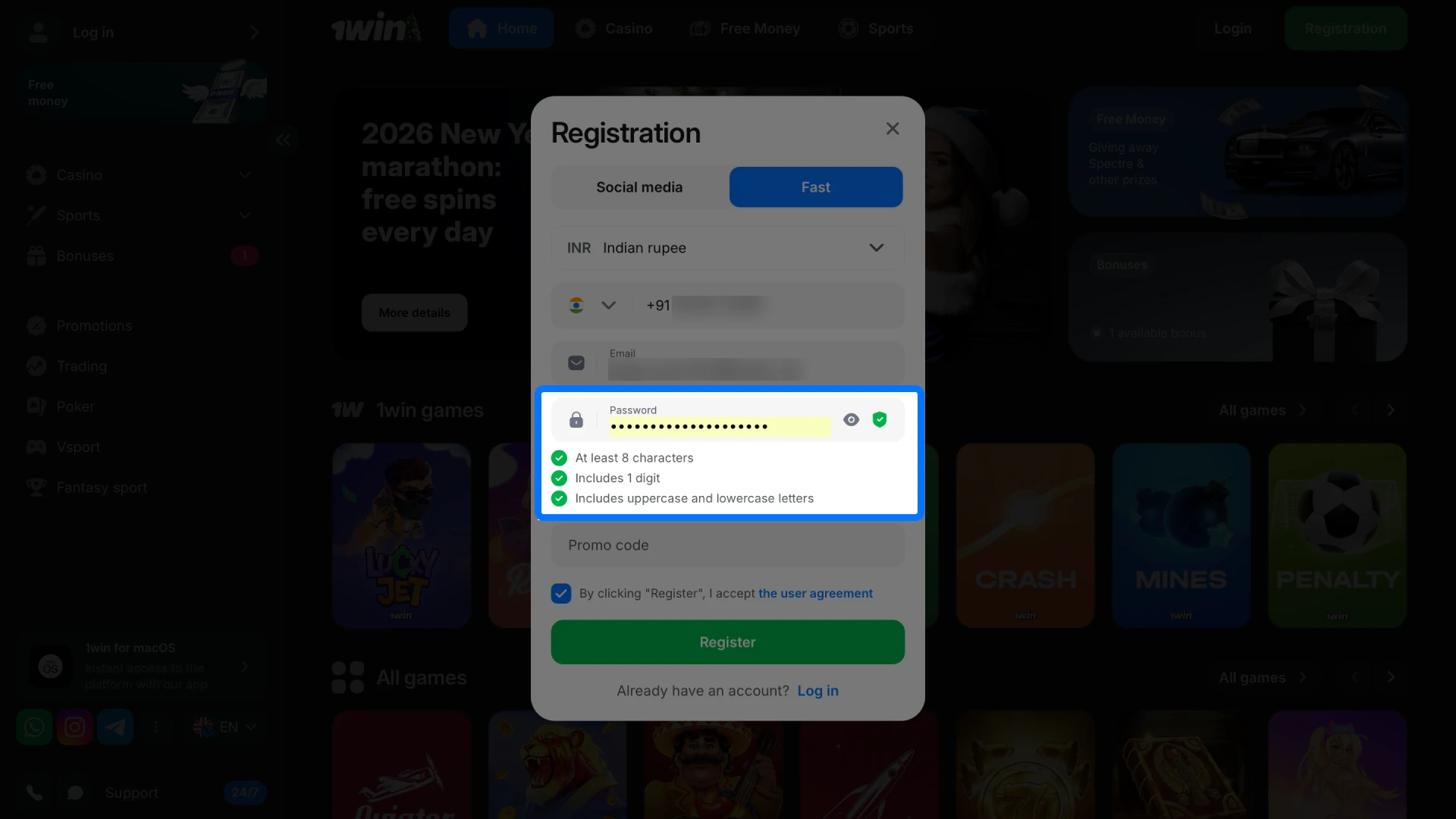 Set up a strong and secure password for your new 1win player account.
