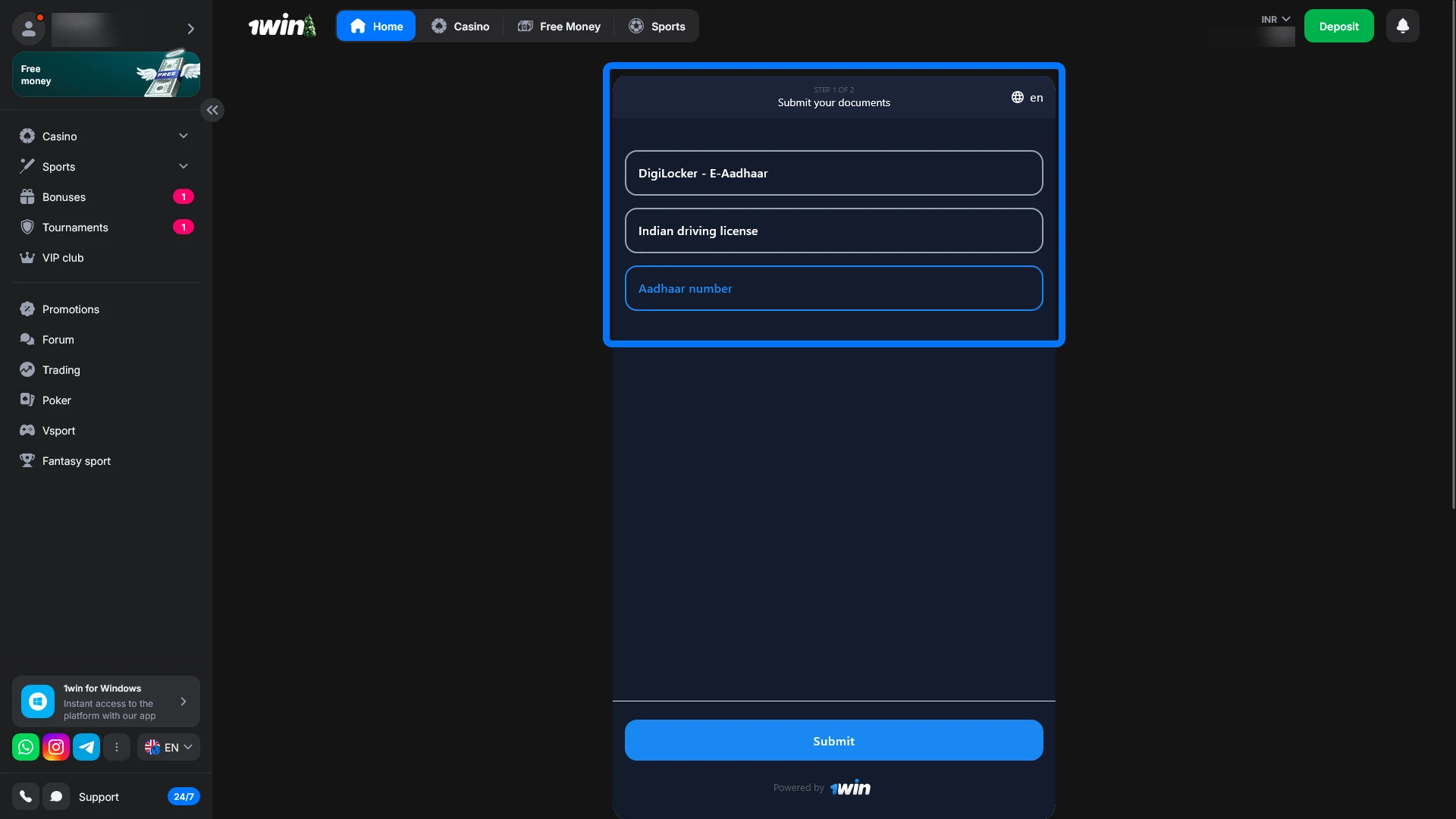 Choose an acceptable Indian identity document, such as Aadhaar, for 1win verification.