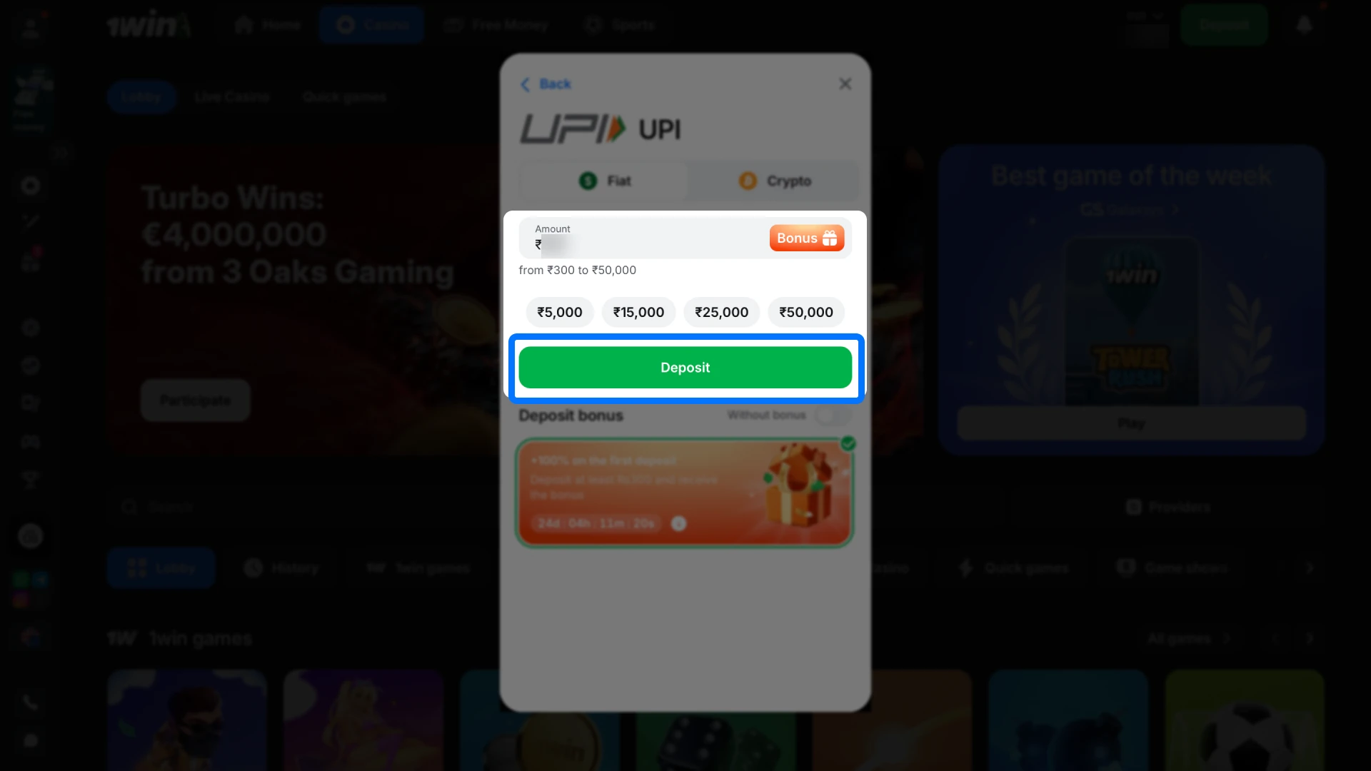 Add funds to your account using a convenient payment method to start playing real-money slots on 1win.