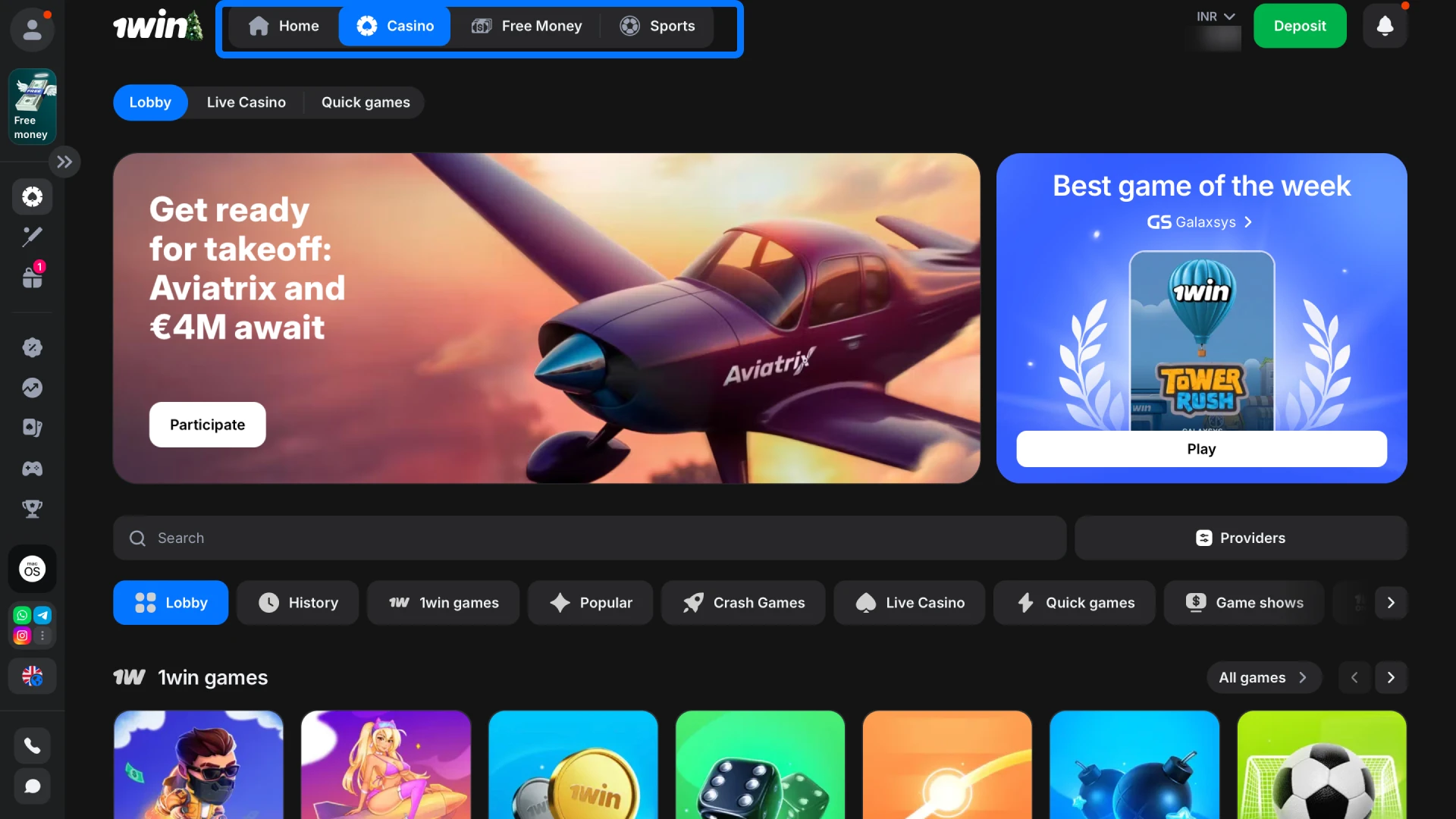 Navigate to the main casino lobby to explore all gaming categories available on 1win.