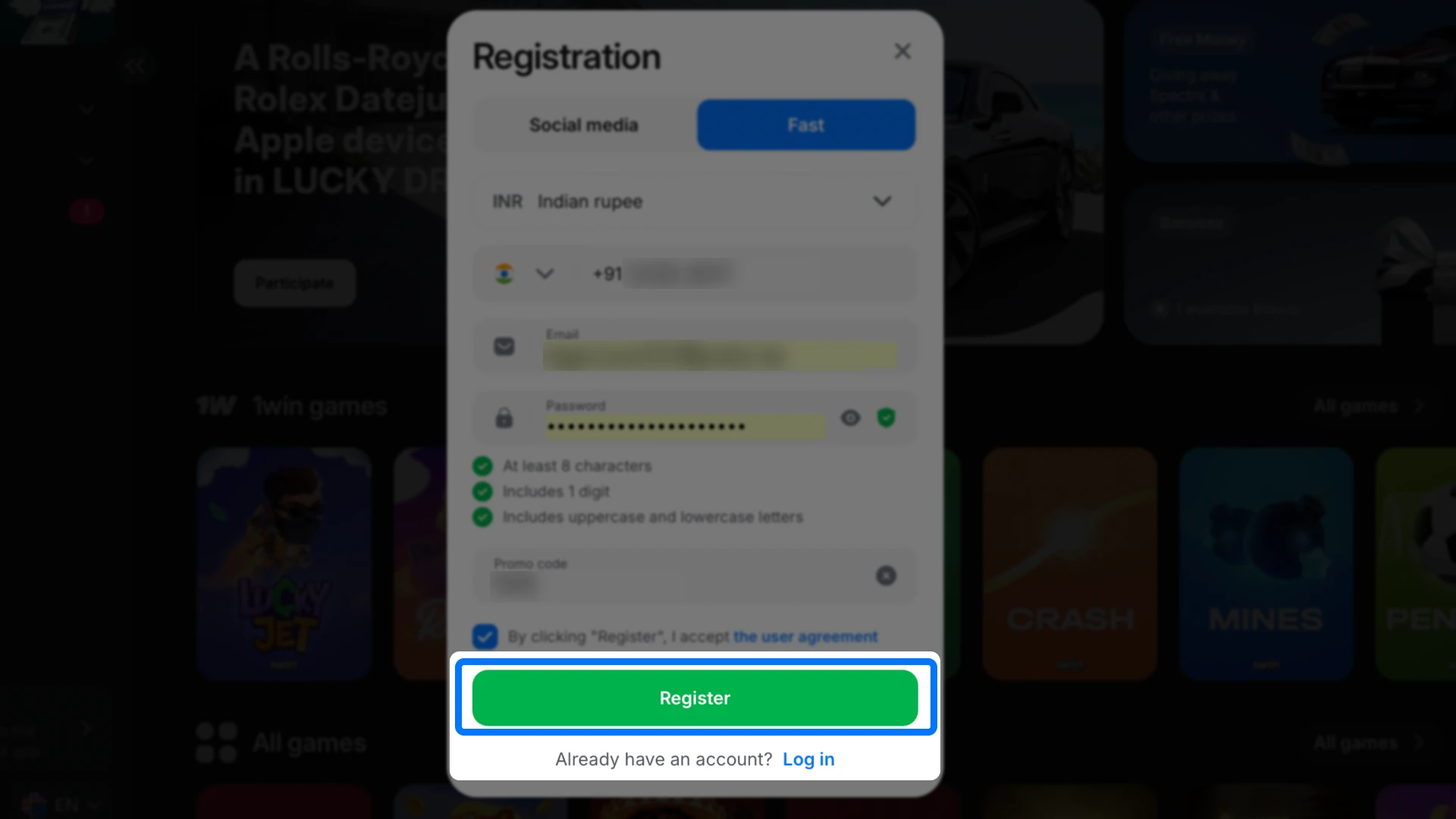 Sign up for a new account to gain instant access to thousands of slot games on 1win.