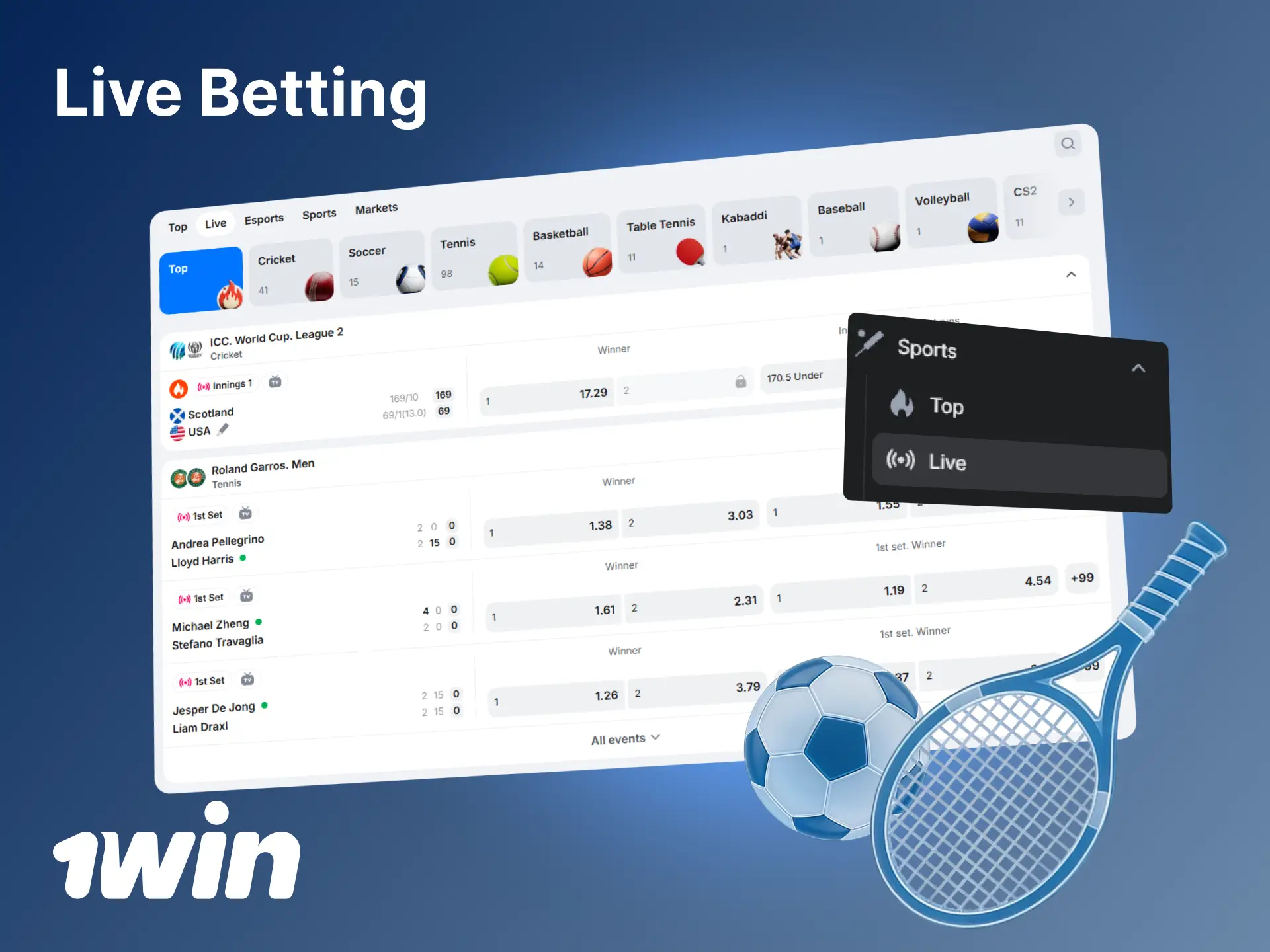 Explore live betting markets and real-time match odds at 1win India.