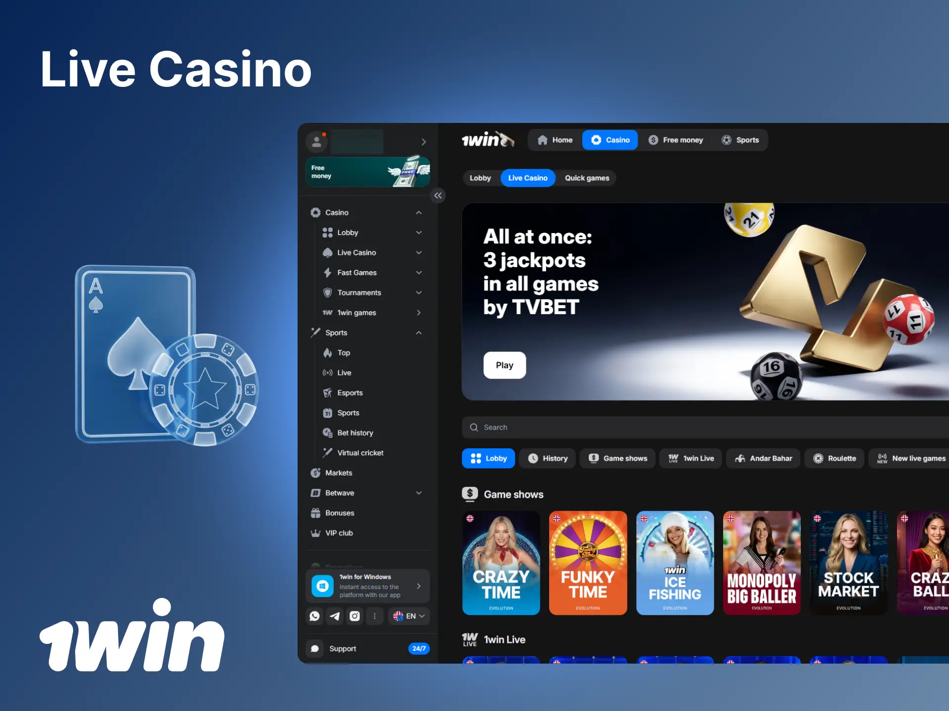Experience live dealer casino games online at 1win India.